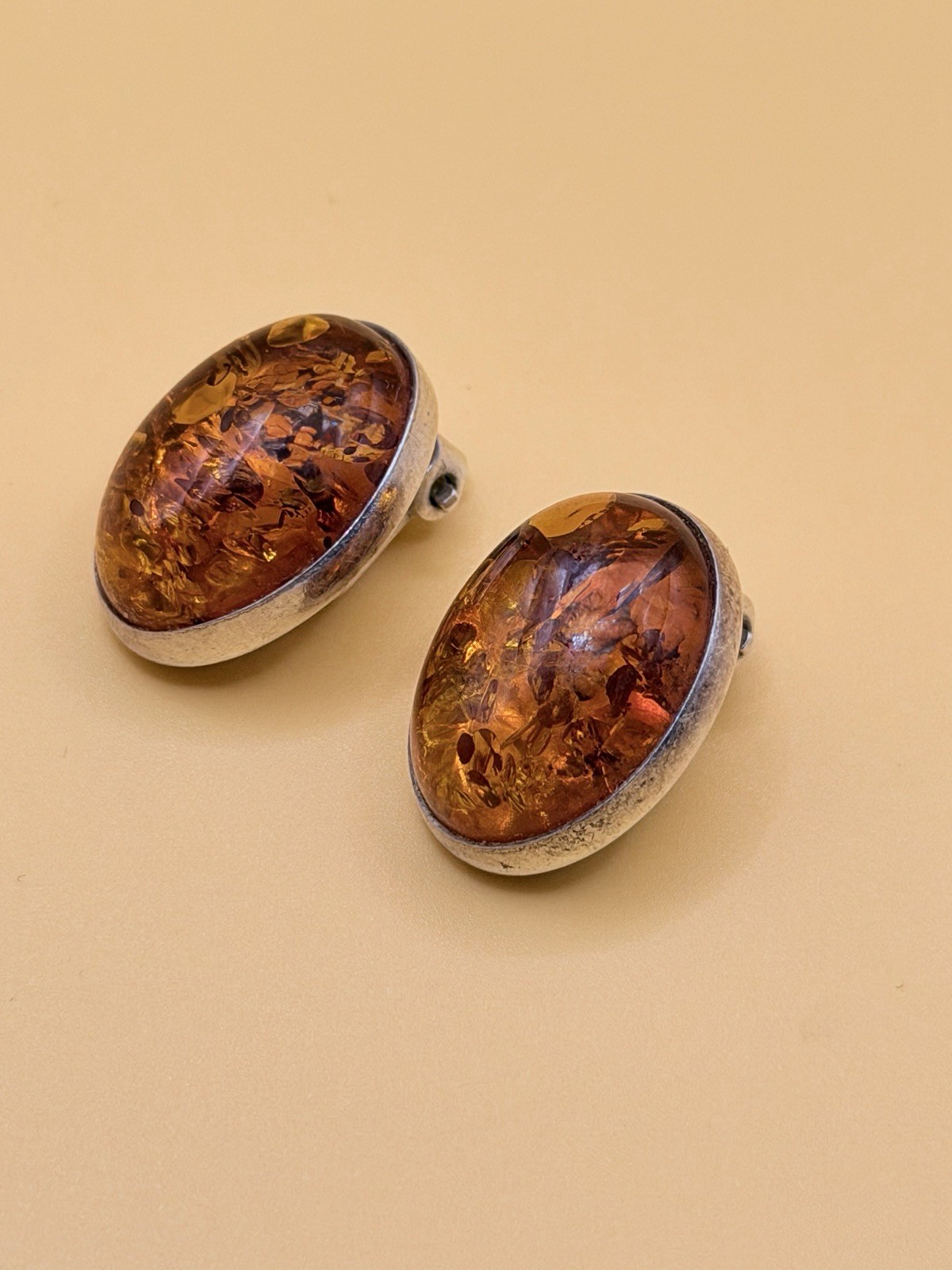Simple Baltic Honey Amber Sterling Silver Oval Cabochon Clip On Earrings #145