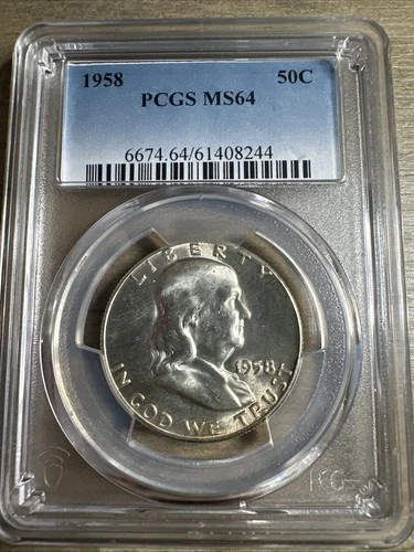 1958 Franklin Half Dollar Silver UNC, PCGS MS64 White & Nice Bell Lines  (F572)