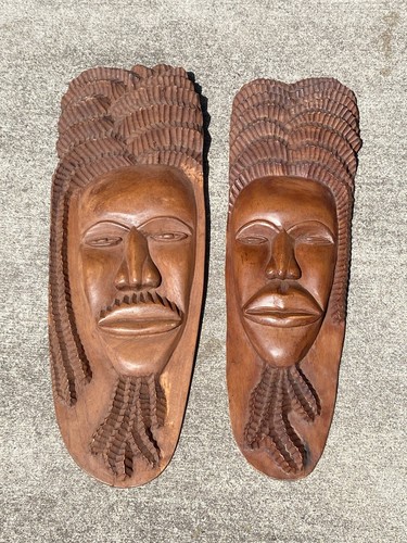 Vintage 70’s 80’s Hand Carved Jamaican Art Wood Faces (2) Dreadlocks Rostafari - Picture 1 of 14