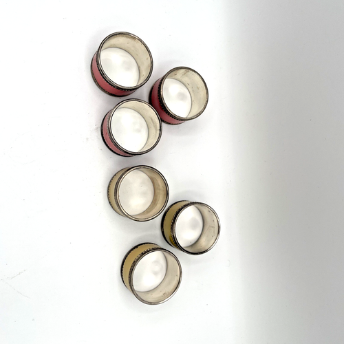 Enamel Silvertone Napkin Rings - Yellow & Coral Set of 6 - Heavy Metal 1.75" - Picture 7 of 9