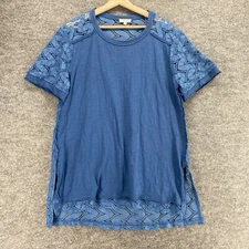 Umgee T-Shirt Women S Small Blue Geometric Crochet Short Sleeve Crew Neck Cotton