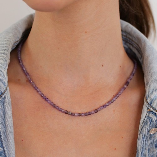 Tiny Amethyst Choker Faceted Beads Healing Reiki Energy Women Boho Necklace - Picture 2 of 4