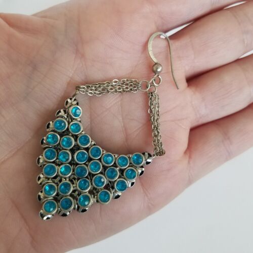 Turquoise Blue Rhinestone Chandelier Earrings Dropdown Dangle Silver Tone 2.75" - Picture 7 of 7