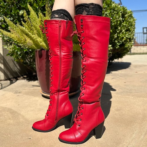 New Lace Up Combat Boots Almond Toe Over Knee Thigh High Block Chunky Thick Heel - Picture 19 of 23