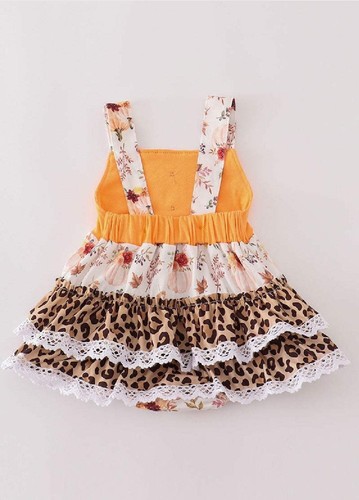 Girl's Boutique Orange Pumpkin Leopard Bubble Romper Fall Thanksgiving Sibling M - Picture 4 of 11
