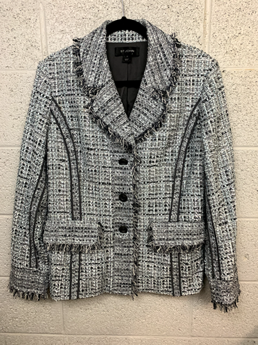 St John Boucle tweed grigio/blu con bordo in raso taglia 12 - Foto 1 di 7