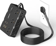 Flat Plug Power Strip Surge Protector, 5Ft Ultra Thin Extension Cord with 4 USB