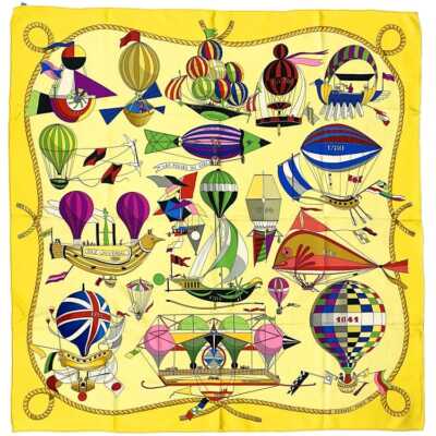 Hermes Scarf Carre 90 ec-21946 Yellow LES FOLIES DU CIEL Good Condition Sky