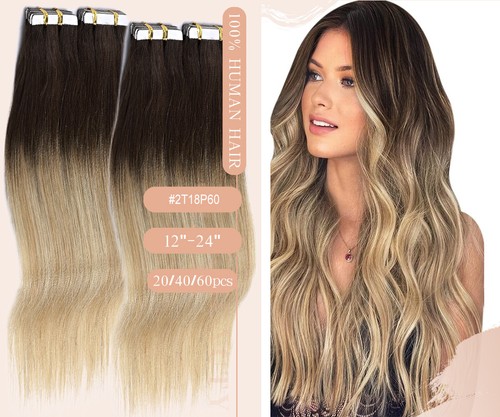 CLEARANCE 12-24" 40PCS Thick Tape In Remy Human Hair Extensions Full Head Ombre - Picture 69 of 75