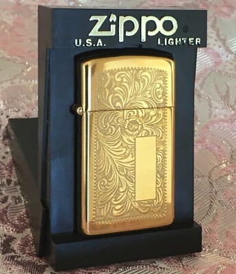 Rare Vintage NIB 1998 Engraved Slim Brass Venetian Zippo Windproof