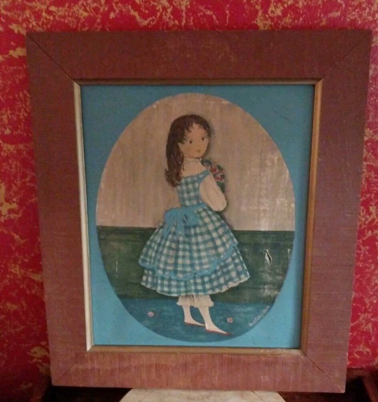 VTG  Yorkcraft Wood CAROL BLANCHARD  Little Girl "ANGEL GINGHAM" Framed Wall Art