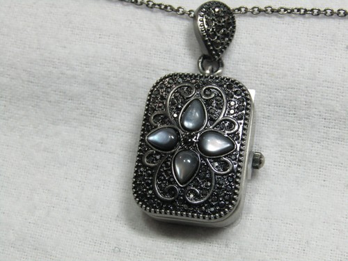Colleen Lopez "Top Star" MOP and Marcasite Pendant Watch with 36" Chain Black - Picture 6 of 9