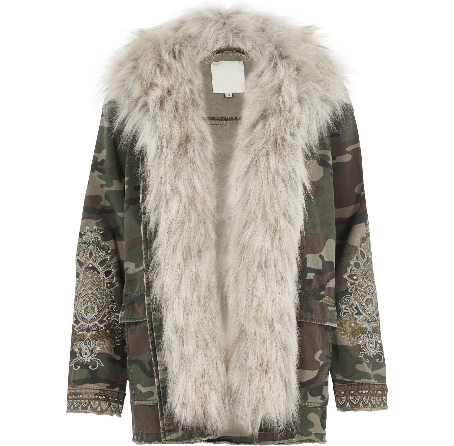 EX River Island Camo Print Jacket Detachable Fake Fur Collar Size 6