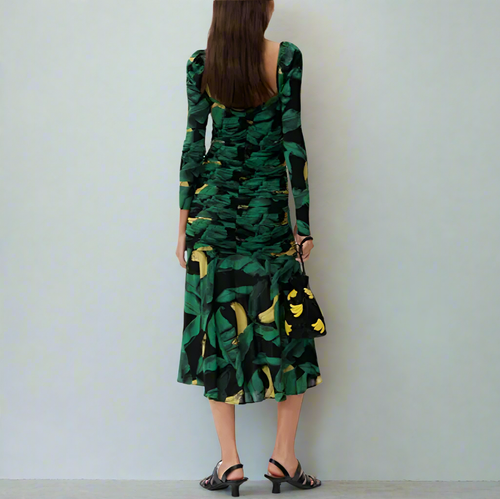 GANNI Ruched Mesh Midi Bodycon Dress Green Stretch Jersey Banana Leaf - Picture 7 of 13