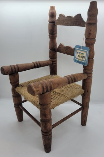 Vintage 12" Wood Doll Arm Chair With Woven Seat Original Tag - Picture 2 of 9