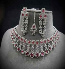 Indian Bollywood Bridal Set Silver Plated Jewelry Earrings CZ Ethnic AD Necklace