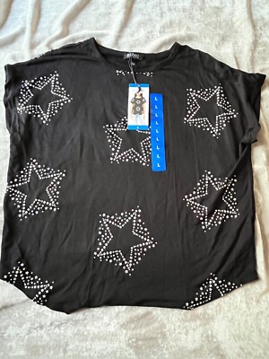 L Womens Lightweight French Terry Short Sleeve Top Black Million Stars NEW!
