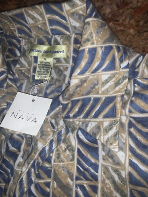 Harbor Isle Apparel Men shirt blue Tan  Button  Cotton  medium Hawaiian