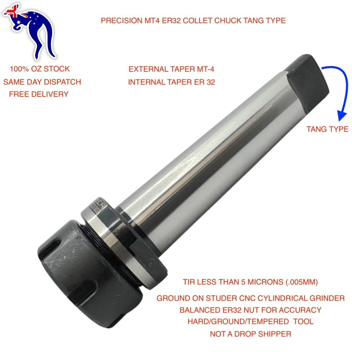 ER32 MT4 Collet Chuck Tang Type 5 Microns (.005mm) Accuracy Ultra