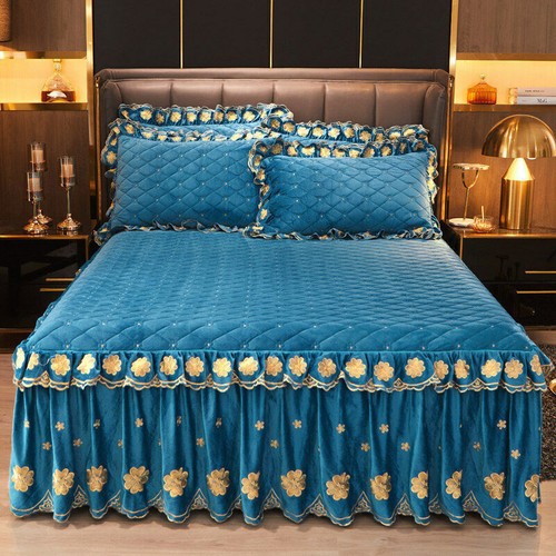 Queen Quilted Bedspread Set King Velvet Luxury Embroidery Bed Skirt Ruffle Thick - Picture 17 of 55