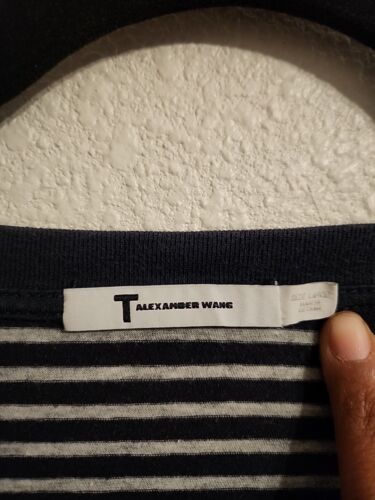 T By Alexander Wang V-Neck Tee Sz L Navy Grey Stripe Cotton Short Sleeve Cuffed - Picture 3 of 4