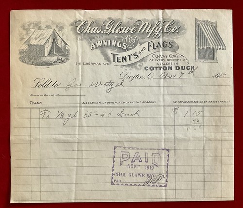 Dayton Oh Chas Glowe Mfg Co Briefkopf Rechnung Briefkopf Zelte Markisen Fahnen - Bild 1 von 6