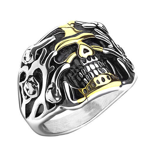 Totenkopf Schädel Herren Biker Rocker Schmuck Ring Edelstahl Silber vergoldet - Bild 1 von 1