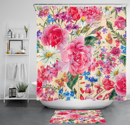 Watercolor Beige Daisy Pink Flower Shower Curtain Bathroom Accessories Set - Bild 14 von 18