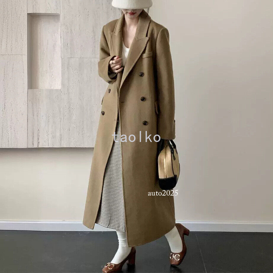 Womens Suit Collar Long Double Breasted Jacket Wool Coat