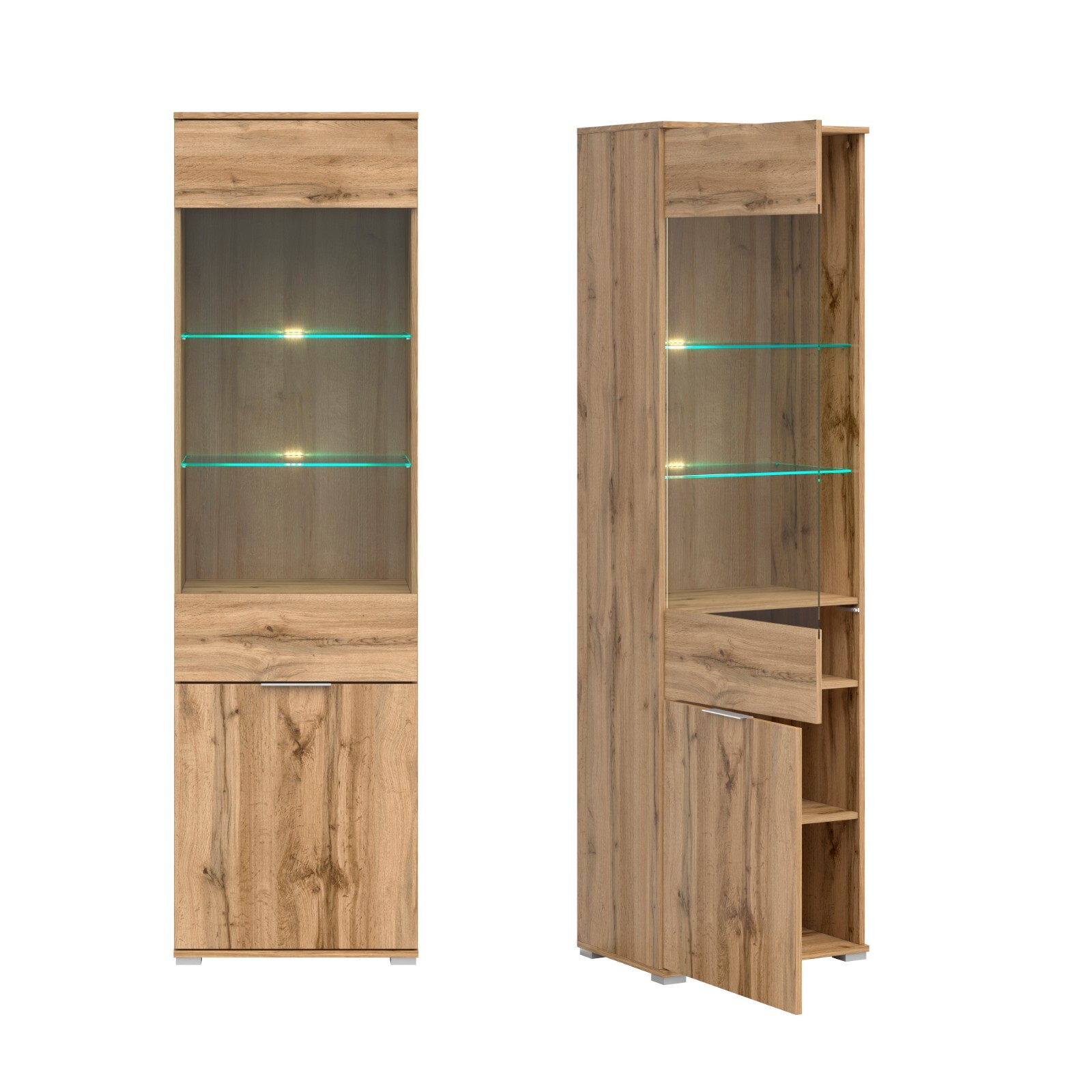 Glass Display Cabinet Tall Slim 2 Door Glazed Shelving Unit LEDs Oak Effect Zele