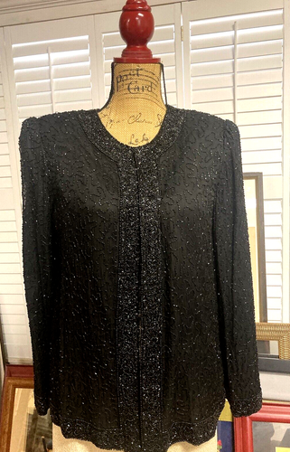 Vintage Beaded Laurence Kazar Black Silk Embellished Evening Jacket Women's XL - Picture 2 of 10