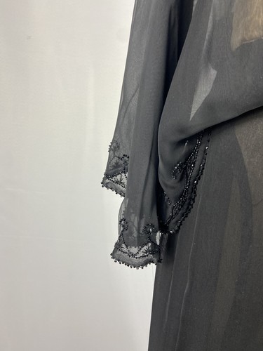 Vintage Black Silk Beaded Maxi Dress Buterfly Sleeves - Picture 6 of 6