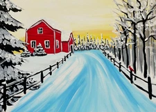 ACEO Mini *Art Print* of Original Snowed In Red House & Winter Trees by Saulite
