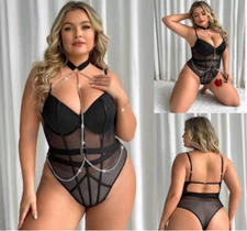 Backless Fishnet Bodysuit,Choker Strappy,Snap Crotch,Teddy Lingerie for Women