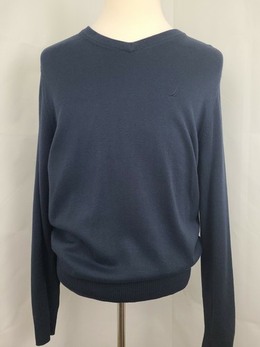 Nautica Men's Large Navy Blue Blue Long Sleeve V-neck Sweater w/ Logo - Picture 4 of 12