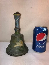 Vtg LARGE Dinner Tole Painted Liberty Cracked Brass Bell RINGS LOUD!!