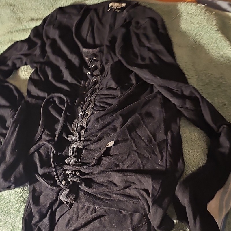 True Religion Women’s Black Solid V-Neck Lace-Up Long Sleeve Top S/P