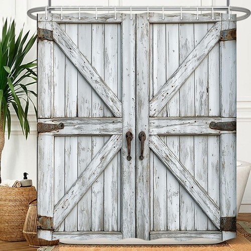 Wooden Barn Door Shower Curtain Rustic Wooden Garage Door Shower Curtain Vintage - Picture 3 of 6