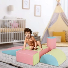 NNECW 5 Pieces Kids Climb Crawl Activity Play Set with Safe Foam Blocks-Pink