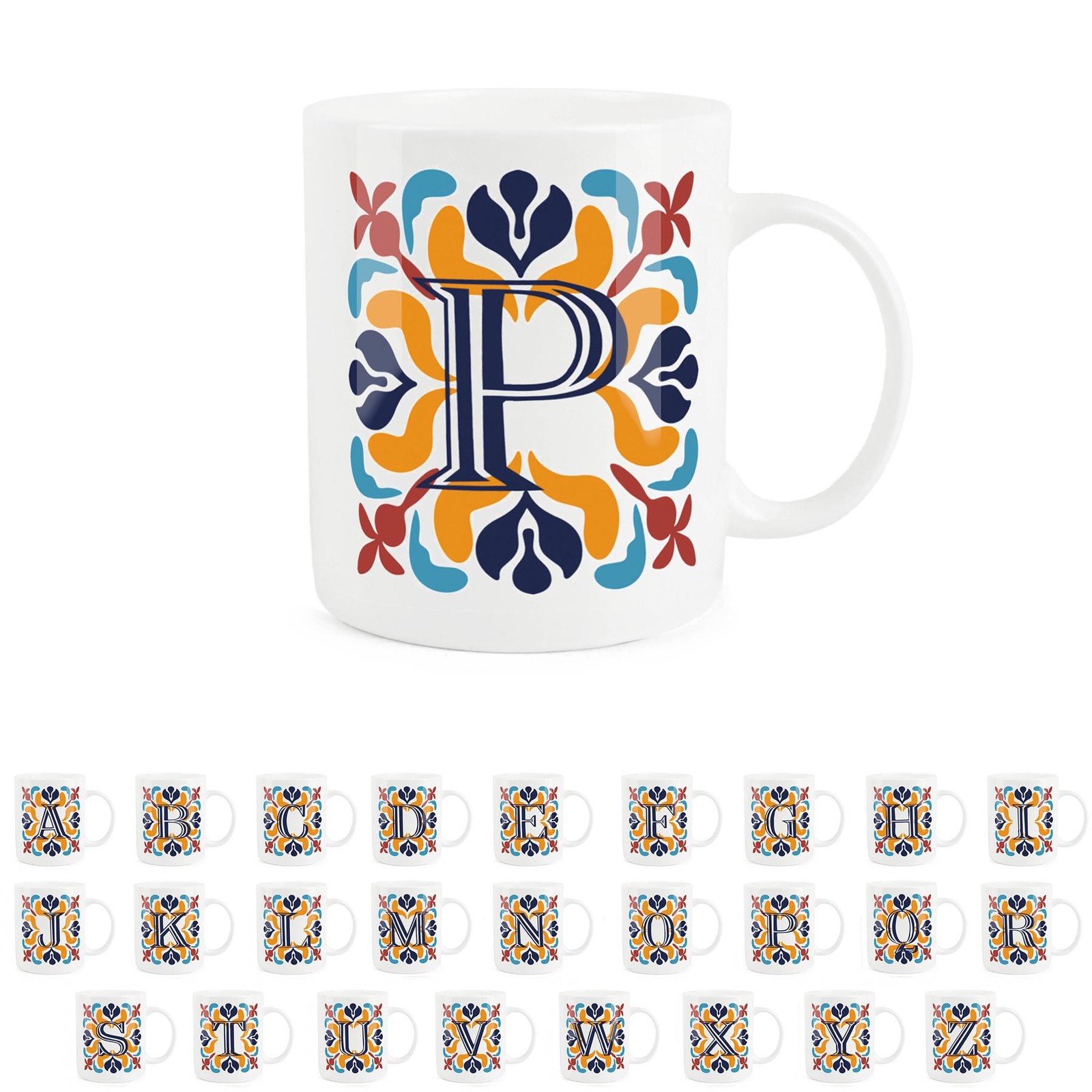 Moroccan Tile Letter P Mug - Red & Navy Bone China Alphabet Gift Mug