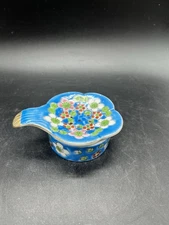 Vintage Japanese Porcelain Tea Strainer Floral Design Blue With Gold Rim