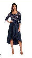 R&M Richards Navy Floral Lace Hi-Low Dress with Sequin Bow Accent, Size 6
