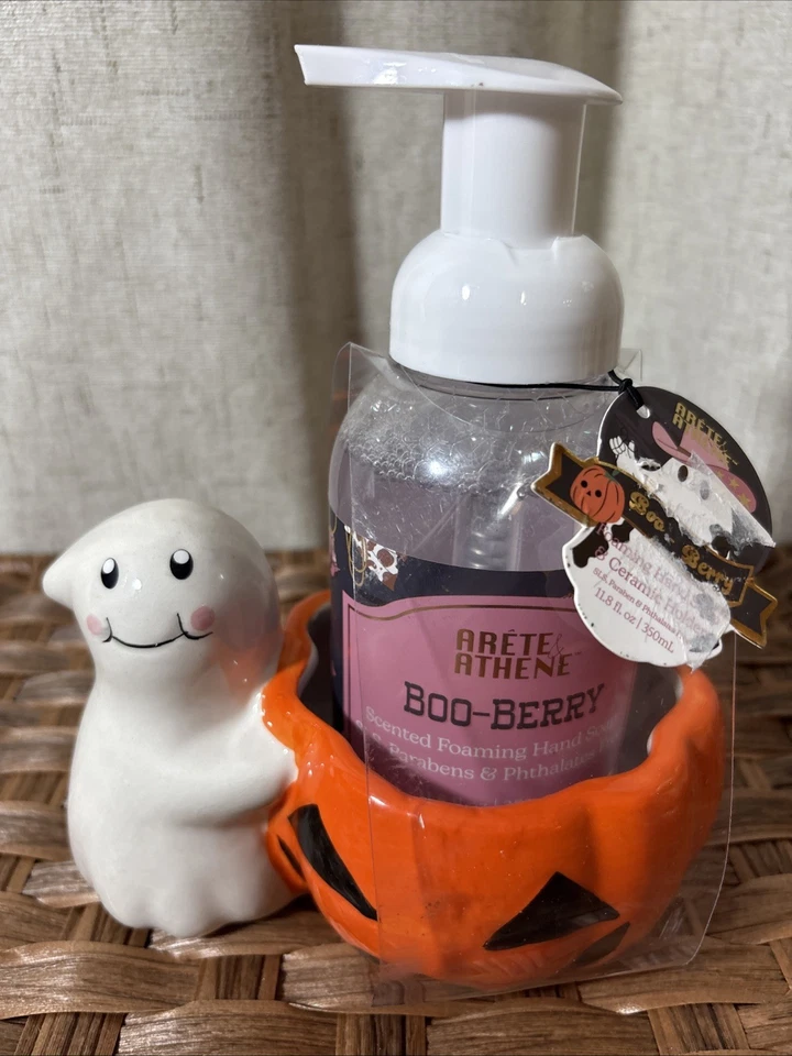 Dispensador de sabão de cerâmica Arete Athene Ghost Pumpkin Boo Berry 11,8 fl oz NOVO - Imagem 2 de 4