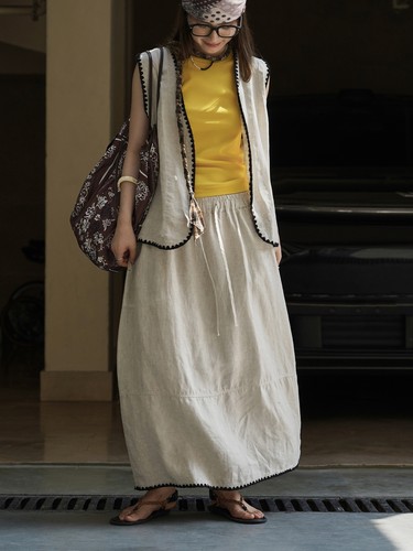 Vestido largo transpirable falda cintura elástica cáñamo tejido japonés lino para mujer línea A - Imagen 8 de 21