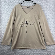 C.O.Z.Y. Tan Beige Dragon Fly Print Long Sleeve Top – Size XL US 10
