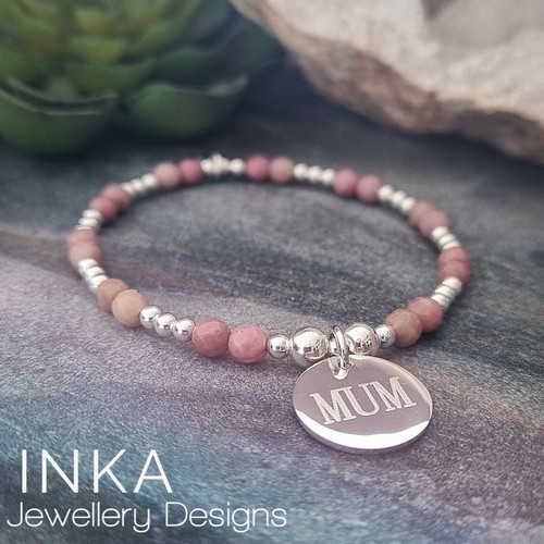 Bracciale MUM perline argento sterling 925 e rodonite rosa elastico impilatore di INKA - Foto 4 di 8