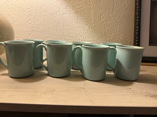 Corelle Corning Set Of 8 Coffee Mugs Aqua Teal Vintage
