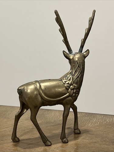 Vintage Brass Deer Buck Statue Standing Antlers Head Up Flower Wreath 8" MCM - Picture 6 of 24