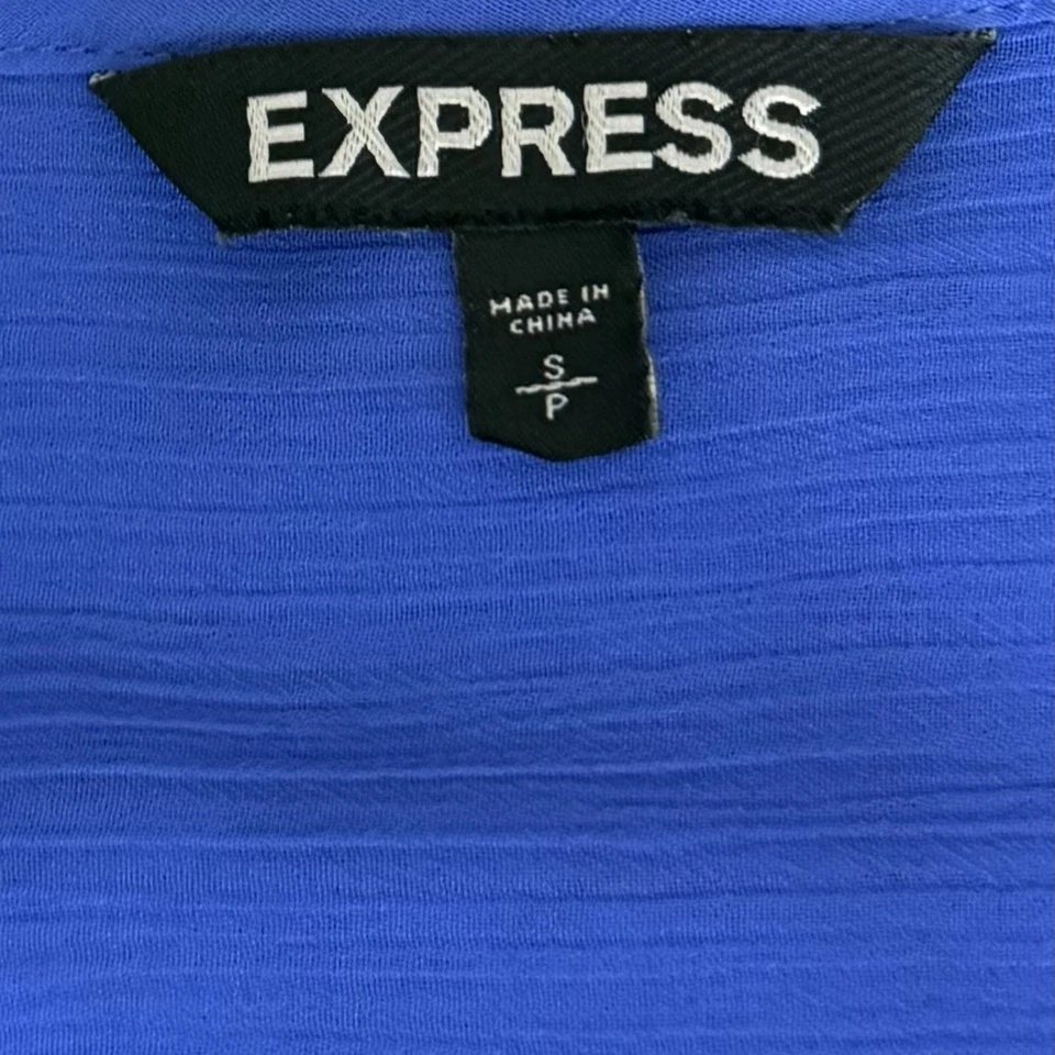 Camisa Express Top Mujer Pequeña Pequeña Azul Chifón Lentejuelas Acento Transparente Cuello Atado Foto 4 de 4