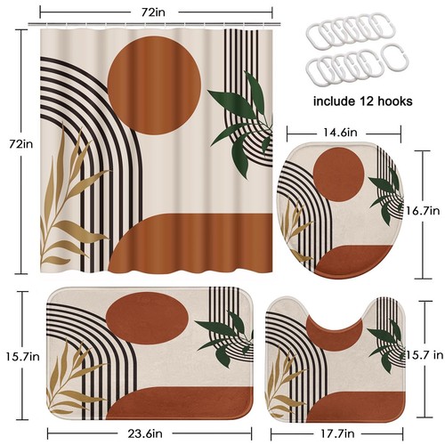 Boho Mid Century Shower Curtain Set with Toilet Lid Cover and Non-Slip Rugs, ... - Picture 2 of 7